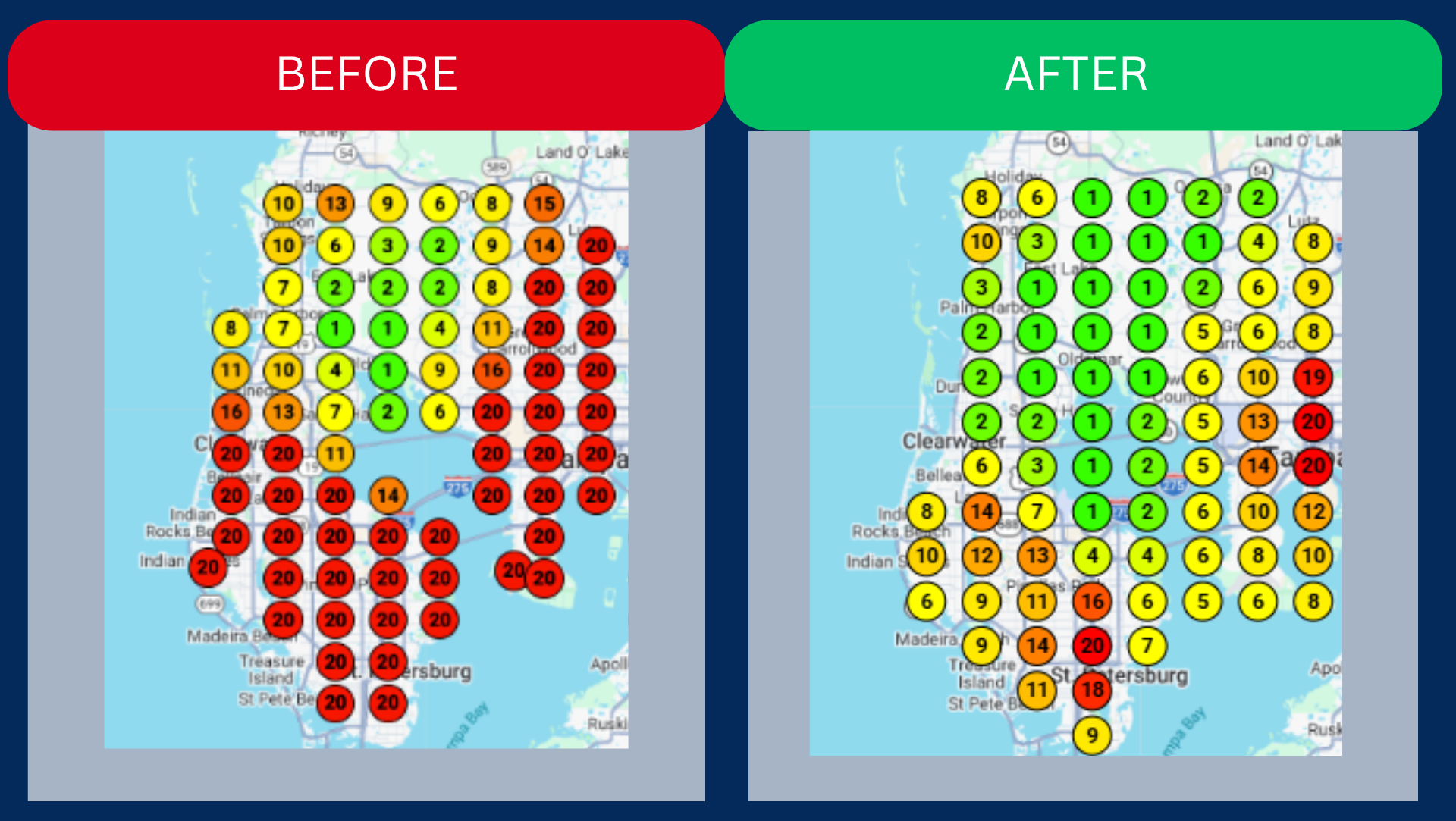 Before and after Google keyword heat map for a Tampa Bay auto glass shop